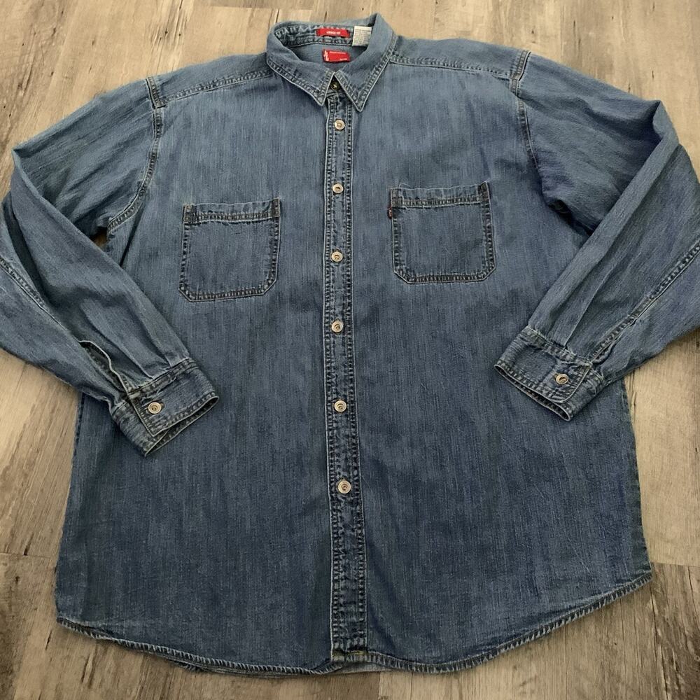 Vintage Levi's Denim Shirt Mens Sz Large Loose Fit Blue Rivet Metal Buttons Y2K